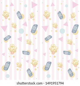 Colorful illustration. Cute pattern about remote control and popcorn.
