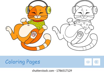 Colorful illustration of cute red cat in T-shirt, listening to the music in headphones and colorless linear duplicate. Pets preschool kids coloring page vector illustration