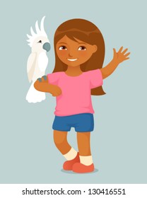 colorful illustration of a cute small girl with cockatoo parrot