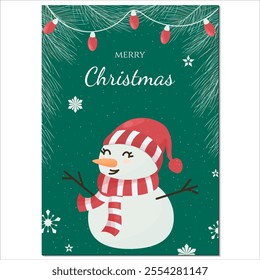 colorful illustration with cute smiling snowman in red hat and red scarf