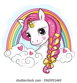 Colorful illustration with cute smiling unicorn. Rainbow and clouds.Beautiful picture for your design.