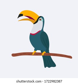 Colorful illustration of a cute toucan sitting on branch. Vector