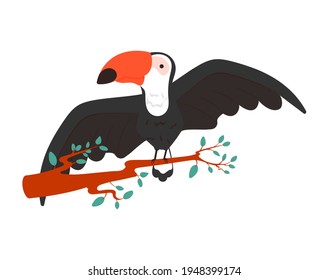 colorful illustration of a cute toucan sitting on branch with leaves