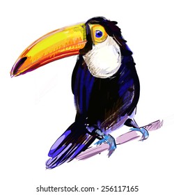 colorful illustration of a cute toucan sitting on a branch. Vector.