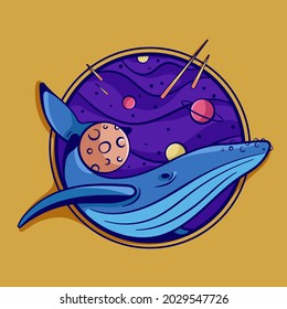 Colorful illustration of cute whale in outer space with moon, planets and stars. Space illustration with whale flying in night sky. Vector illustration