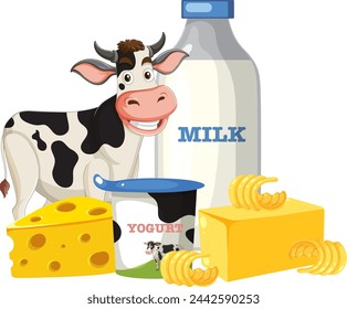 Ilustración colorida de productos lácteos y una vaca.