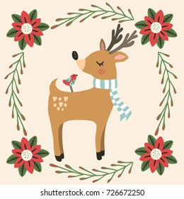 Colorful illustration of deer and friend bird with Christmas decoration