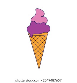 A colorful illustration of a delicious ice cream cone featuring a pink and purple scoop on a textured orange waffle cone. ice cream illustration, colorful ice cream cone, playful ice cream vector.