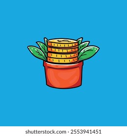 A colorful illustration depicting coins growing from a plant pot, symbolizing financial growth and prosperity. The vibrant colors and simple design convey concepts of investment and wealth.