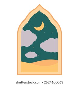 Ilustração colorida retratando o deserto à noite através de uma janela árabe com uma lua crescente no céu