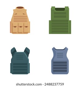 Colorful illustration depicting four different types of military body armor vests