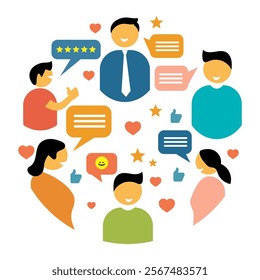 A colorful illustration depicting a network of diverse individuals sharing feedback, reviews, and positive interactions through speech bubbles, stars, and emojis, symbolizing community engagement.