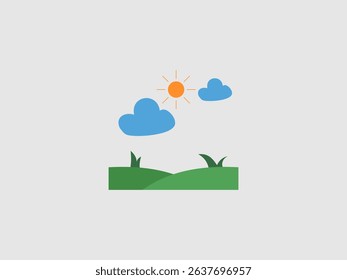 A colorful illustration depicting a peaceful outdoor scene with green hills