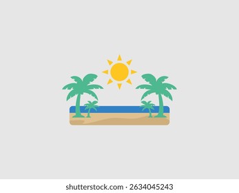 A colorful illustration depicting a sunny beach scene with a bright yellow sun shining above two green palm trees on either side of a strip of light blue water and a beige sandy beach