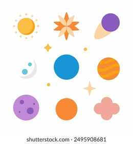 Una colorida ilustración que representa varios cuerpos celestes, incluyendo planetas, estrellas y un cometa.  La Imagen presenta un sol amarillo, un planeta azul, un planeta naranja con rayas, un planeta púrpura con 