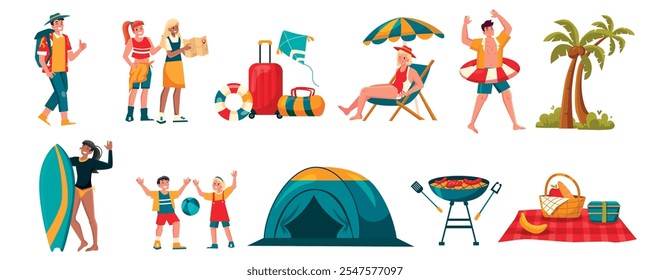 A colorful illustration depicting various summer vacation activities. 