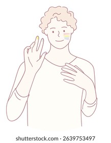A colorful illustration depicts a person joyfully expressing pride and inclusivity through sign language