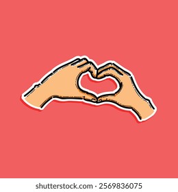 A colorful illustration depicts two hands forming a heart shape, symbolizing love, unity and valentine. The background coral hue, enhancing the overall warm and affectionate theme of the image.