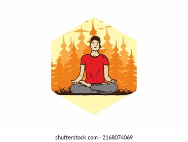 Colorful illustration design of a someone doing yoga and meditating outdoors in a forest in nature among pine trees