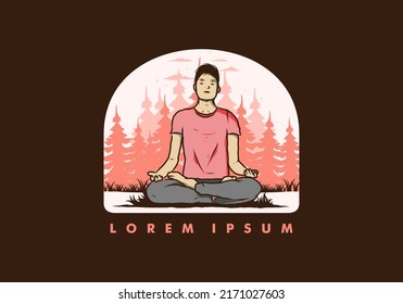 Colorful illustration design of a someone doing yoga and meditating outdoors in a forest in nature among pine trees