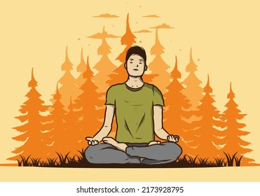 Colorful illustration design of a someone doing yoga and meditating outdoors in a forest in nature among pine trees