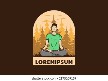 Colorful illustration design of a someone doing yoga and meditating outdoors in a forest in nature among pine trees