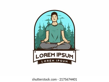 Colorful illustration design of a someone doing yoga and meditating outdoors in a forest in nature among pine trees