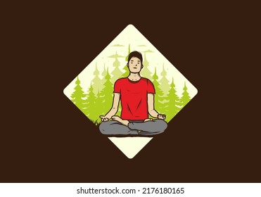 Colorful illustration design of a someone doing yoga and meditating outdoors in a forest in nature among pine trees