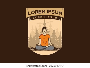 Colorful illustration design of a someone doing yoga and meditating outdoors in a forest in nature among pine trees