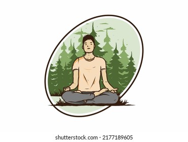 Colorful illustration design of a someone doing yoga and meditating outdoors in a forest in nature among pine trees