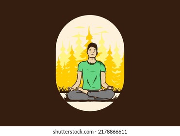 Colorful illustration design of a someone doing yoga and meditating outdoors in a forest in nature among pine trees