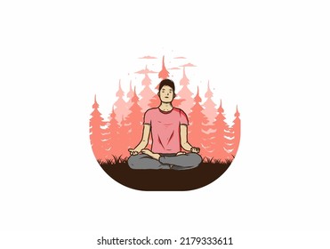 Colorful illustration design of a someone doing yoga and meditating outdoors in a forest in nature among pine trees