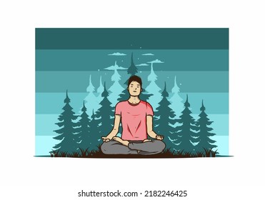 Colorful illustration design of a someone doing yoga and meditating outdoors in a forest in nature among pine trees