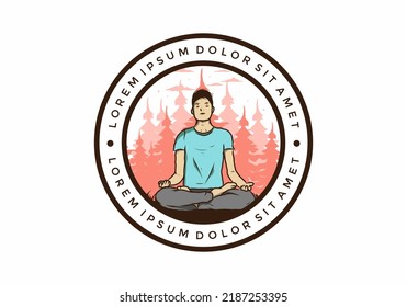 Colorful illustration design of a someone doing yoga and meditating outdoors in a forest in nature among pine trees