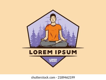 Colorful illustration design of a someone doing yoga and meditating outdoors in a forest in nature among pine trees