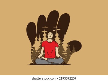 Colorful illustration design of a someone doing yoga and meditating outdoors in a forest in nature among pine trees