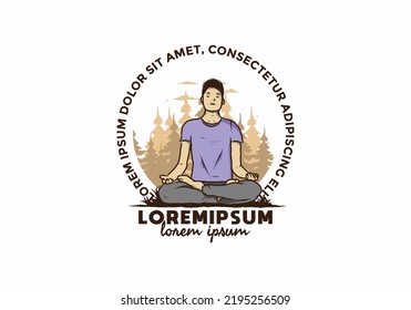 Colorful illustration design of a someone doing yoga and meditating outdoors in a forest in nature among pine trees