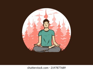 Colorful illustration design of a someone doing yoga and meditating outdoors in a forest in nature among pine trees