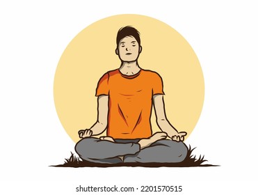 Colorful illustration design of a someone doing yoga and meditating outdoors in a forest in nature among pine trees