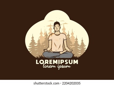 Colorful illustration design of a someone doing yoga and meditating outdoors in a forest in nature among pine trees