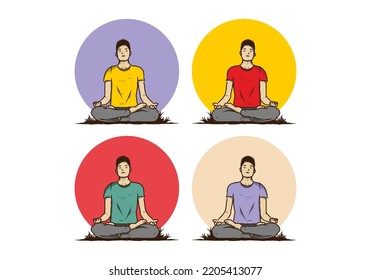 Colorful illustration design of a someone doing yoga and meditating outdoors in a forest in nature among pine trees