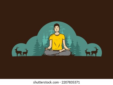 Colorful illustration design of a someone doing yoga and meditating outdoors in a forest in nature among pine trees