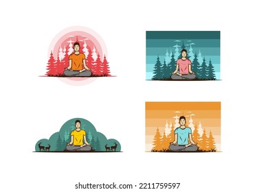 Colorful illustration design of a someone doing yoga and meditating outdoors in a forest in nature among pine trees