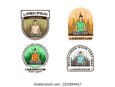 Colorful illustration design of a someone doing yoga and meditating outdoors in a forest in nature among pine trees