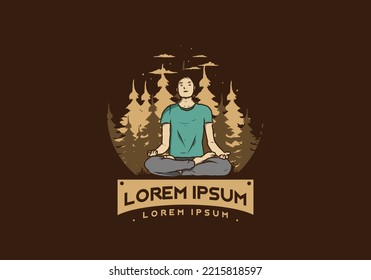 Colorful illustration design of a someone doing yoga and meditating outdoors in a forest in nature among pine trees