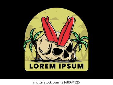 Colorful illustration design of a surfing board stuck in human skull between coconut trees