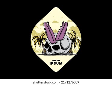 Colorful illustration design of a surfing board stuck in human skull between coconut trees