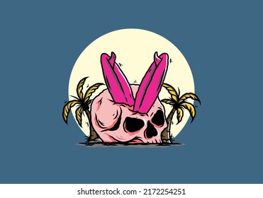Colorful illustration design of a surfing board stuck in human skull between coconut trees