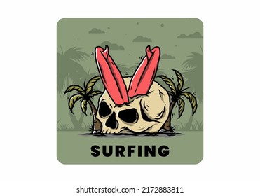 Colorful illustration design of a surfing board stuck in human skull between coconut trees