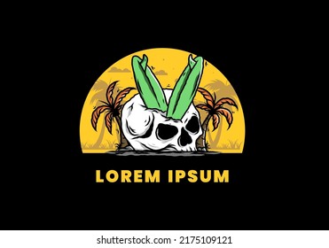 Colorful illustration design of a surfing board stuck in human skull between coconut trees